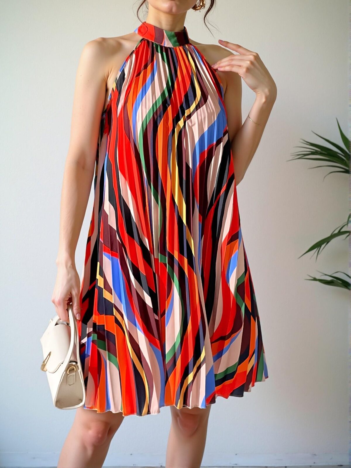 Elegant Multicolor Allover Print Halter Neck Dress with Keyhole Back and Pleated Details for Spring and Summer - Chic, Classy and Trendy Fashion Style to Dress to Impress - Image 5
