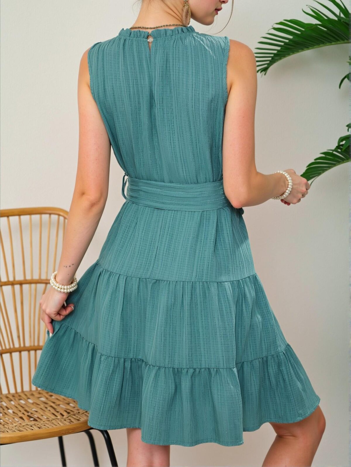 Elegant Green Flirty A-Line Sleeveless Dress with Frill Hem & Fringe Details for Spring and Summer Chic, Classy and Trendy Fashion Style to Dress to Impress - Image 2