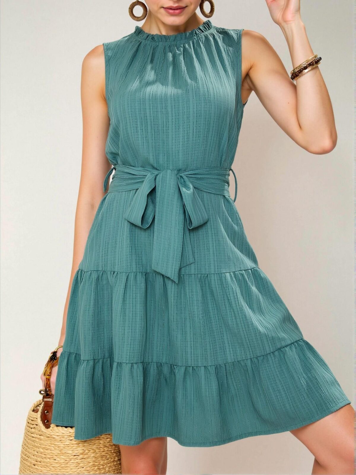 Elegant Green Flirty A-Line Sleeveless Dress with Frill Hem & Fringe Details for Spring and Summer Chic, Classy and Trendy Fashion Style to Dress to Impress - Image 5