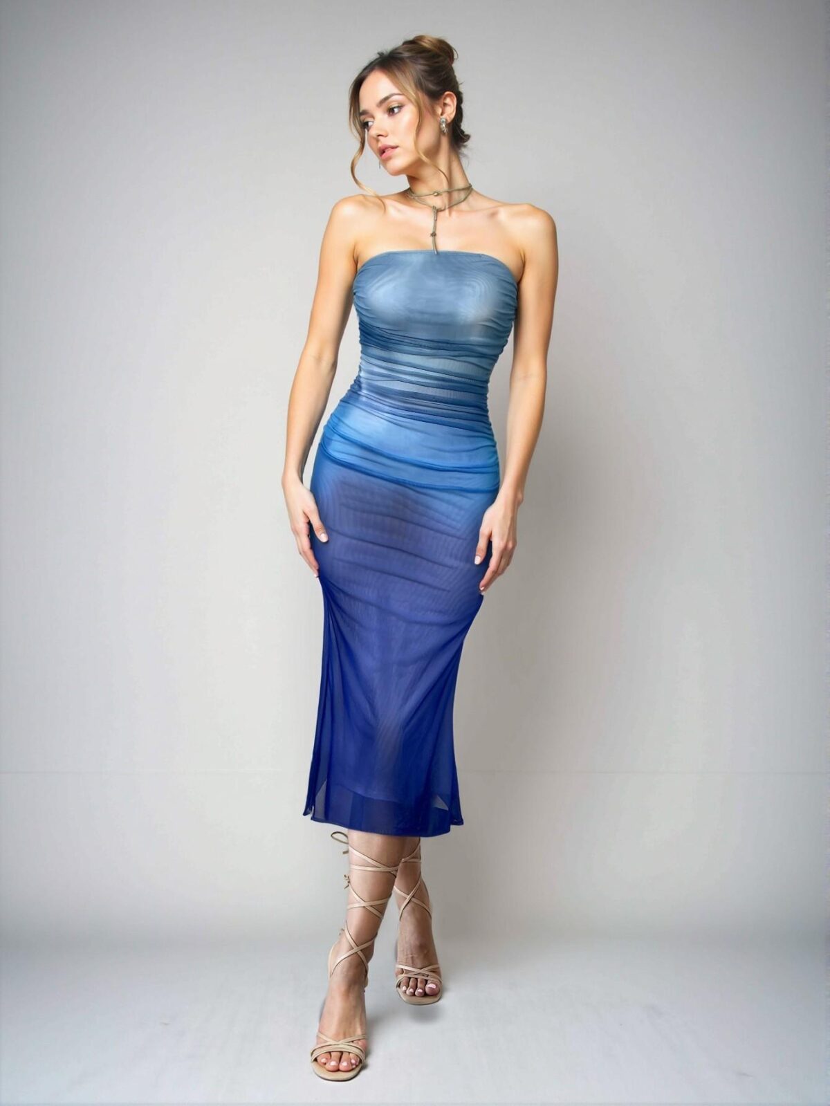 Elegant Blue Ombre Print Tube Top Bodycon Maxi Dress for Parties, Vacations, and Romantic Dates, Perfect for Spring and Summer Events - Chic, Classy and Trendy Fashion Style to Dress to Impress