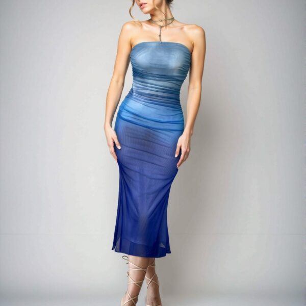Elegant Blue Ombre Print Tube Top Bodycon Maxi Dress for Parties, Vacations, and Romantic Dates, Perfect for Spring and Summer Events - Chic, Classy and Trendy Fashion Style to Dress to Impress