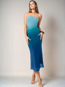 Elegant Blue Gradient Mesh Print Bodycon Dress, American Style Casual Wear Perfect for Tea Parties in Spring and Summer - Chic, Classy and Trendy Fashion Style to Dress to Impress