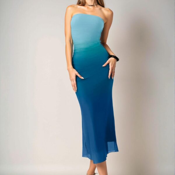 Elegant Blue Gradient Mesh Print Bodycon Dress, American Style Casual Wear Perfect for Tea Parties in Spring and Summer - Chic, Classy and Trendy Fashion Style to Dress to Impress