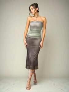 Elegant Khaki Ombre Floral Print Strapless Bodycon Dress Perfect for Parties, Vacations, School Events, Romantic Dates, and Weddings - Chic, Classy, and Trendy Fashion Style to Dress to Impress