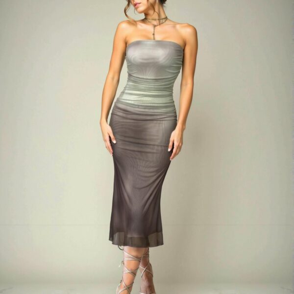 Elegant Khaki Ombre Floral Print Strapless Bodycon Dress Perfect for Parties, Vacations, School Events, Romantic Dates, and Weddings - Chic, Classy, and Trendy Fashion Style to Dress to Impress
