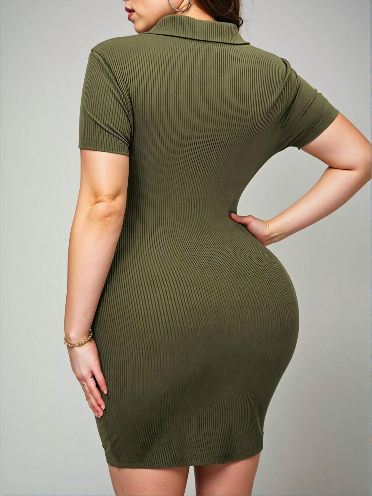 Elegant Army Green Stylish Vertical Stripe Midi Dress for Plus Sizes – Chic, Classy and Trendy Fashion Style to Dress to Impress - Image 2