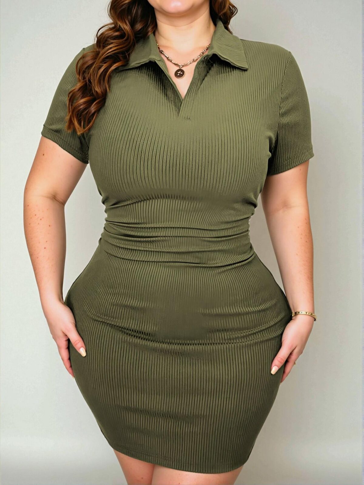 Elegant Army Green Stylish Vertical Stripe Midi Dress for Plus Sizes – Chic, Classy and Trendy Fashion Style to Dress to Impress - Image 3