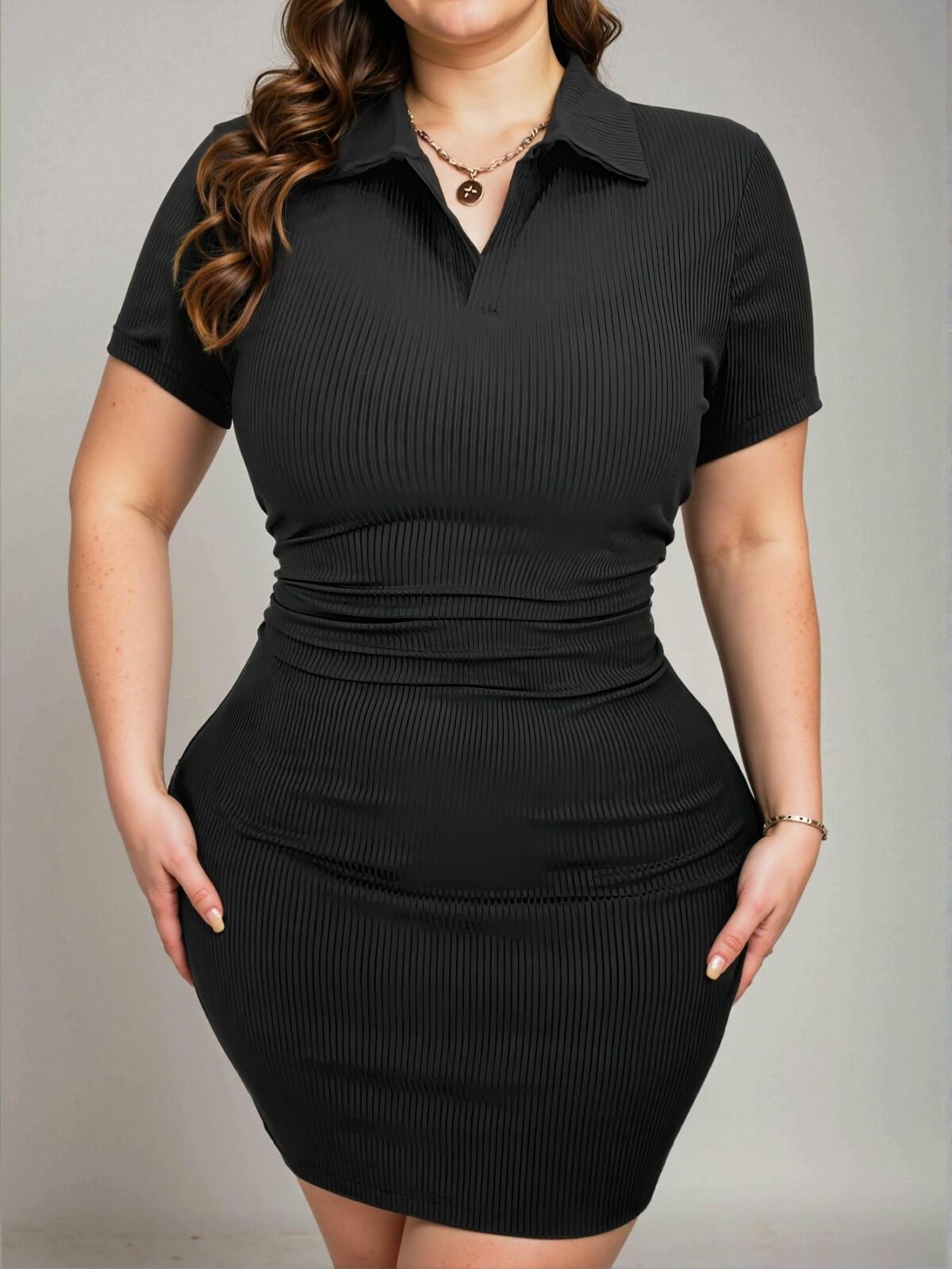 Elegant Black Bodycon Vertical Striped Half-Placket Midi Dress - Chic, Classy and Trendy Fashion Style to Dress to Impress - Image 3