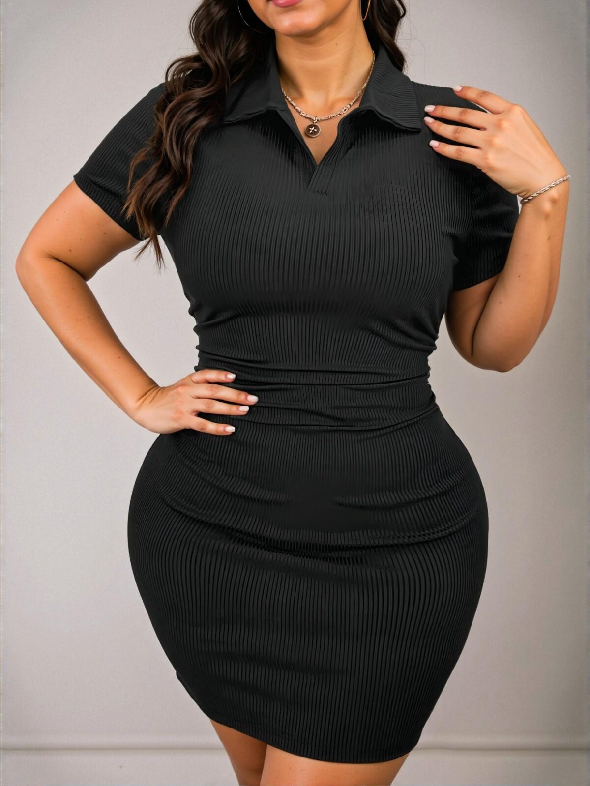 Elegant Black Bodycon Vertical Striped Half-Placket Midi Dress - Chic, Classy and Trendy Fashion Style to Dress to Impress - Image 4