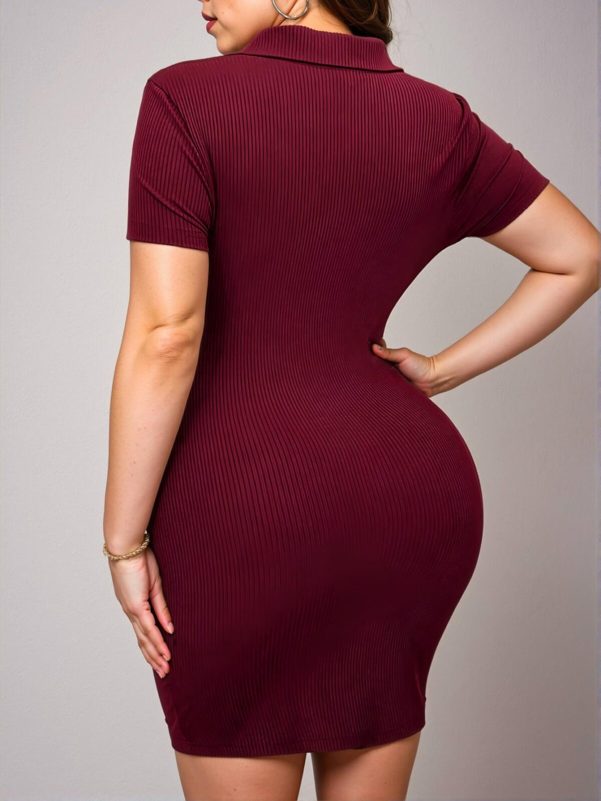 Elegant Burgundy Ribbed Slim Fit Bodycon Midi Dress with Lapel and Short Sleeves - Chic, Classy and Trendy Fashion Style to Dress to Impress - Image 2