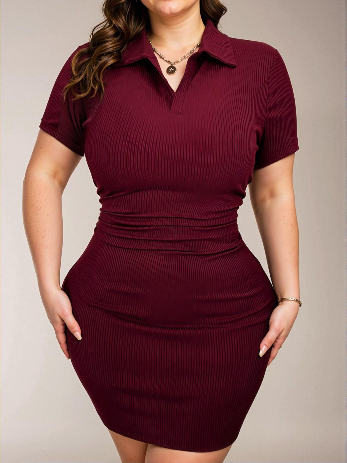 Elegant Burgundy Ribbed Slim Fit Bodycon Midi Dress with Lapel and Short Sleeves - Chic, Classy and Trendy Fashion Style to Dress to Impress - Image 3