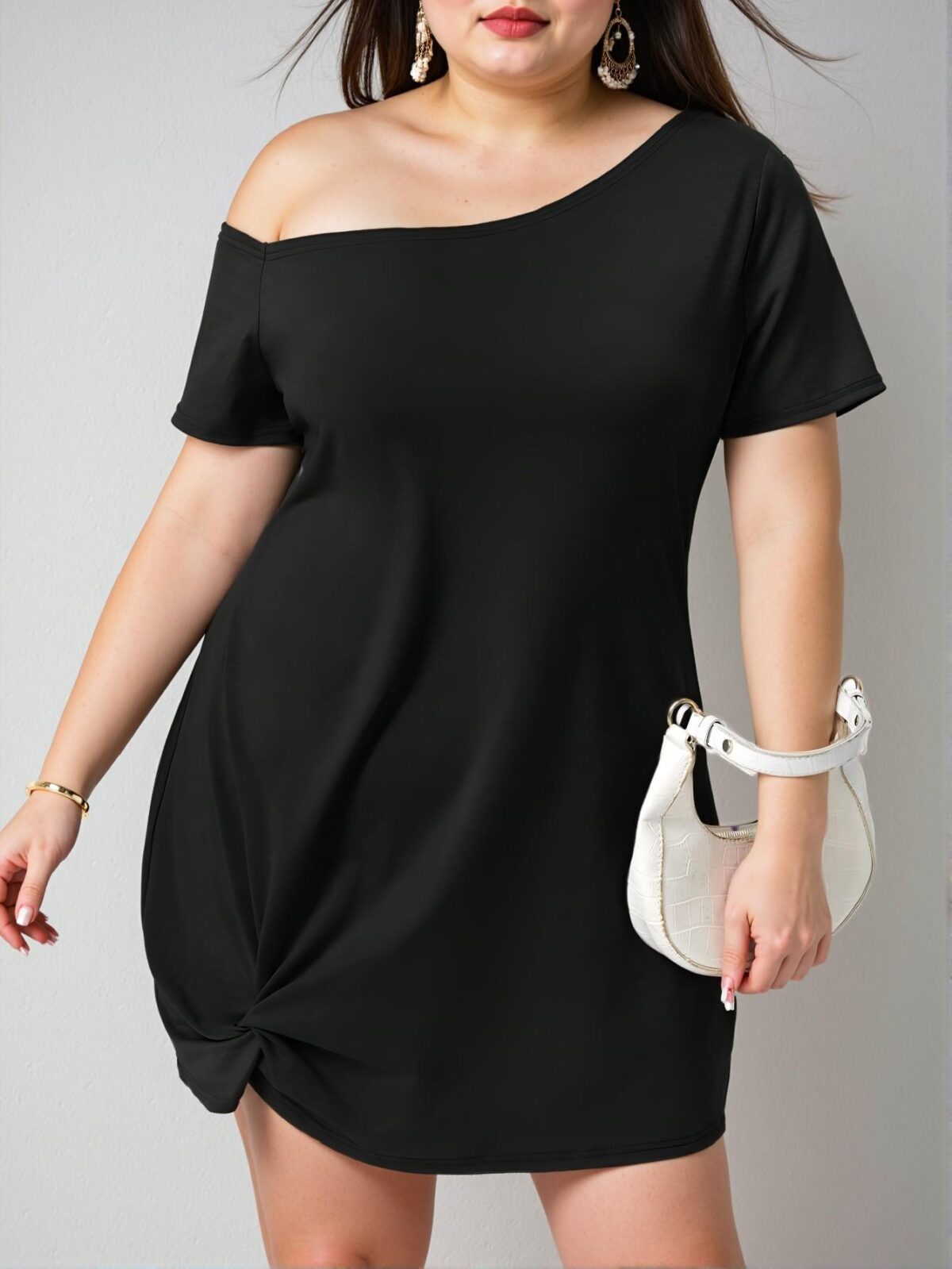 Elegant Black Asymmetrical Neck Twist Hem Plus Size Dress - Chic, Classy, and Trendy Fashion Style to Dress to Impress