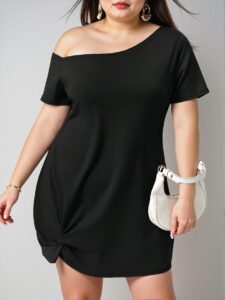 Elegant Black Asymmetrical Neck Twist Hem Plus Size Dress - Chic, Classy, and Trendy Fashion Style to Dress to Impress