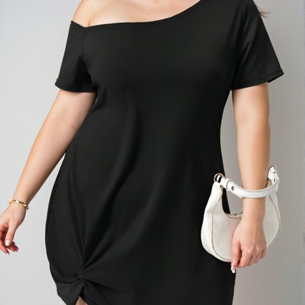 Elegant Black Asymmetrical Neck Twist Hem Plus Size Dress - Chic, Classy, and Trendy Fashion Style to Dress to Impress