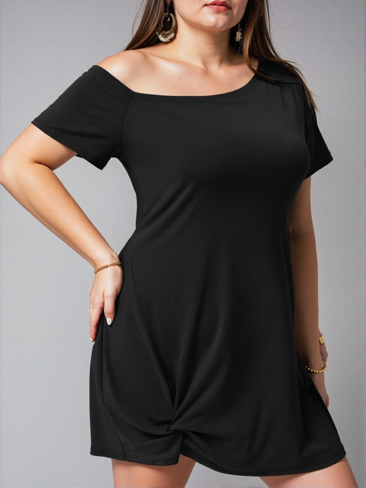 Elegant Black Asymmetrical Neck Twist Hem Plus Size Dress - Chic, Classy, and Trendy Fashion Style to Dress to Impress - Image 3