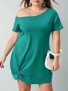 Elegant Green Asymmetrical Neck Twist Hem Plus Size Casual Dress for Summer Outfits – Chic, Classy and Trendy Fashion Style to Dress to Impress