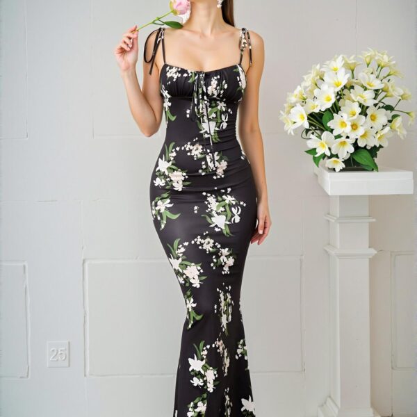 Elegant Black and White Floral Cami Dress with Lace Up Design Perfect for Spring and Summer - Chic, Classy and Trendy Fashion Style to Dress to Impress