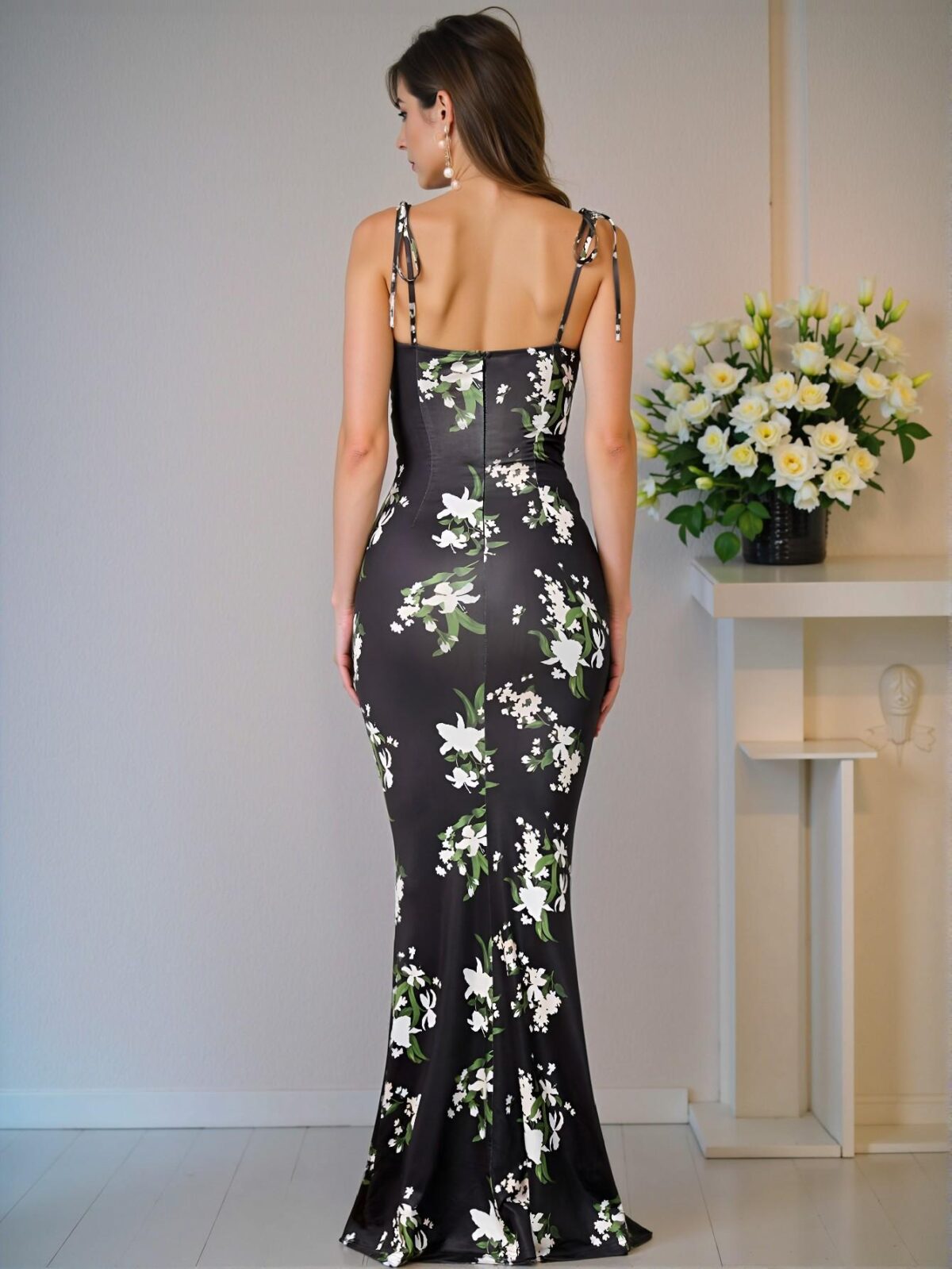 Elegant Black and White Floral Cami Dress with Lace Up Design Perfect for Spring and Summer - Chic, Classy and Trendy Fashion Style to Dress to Impress - Image 2