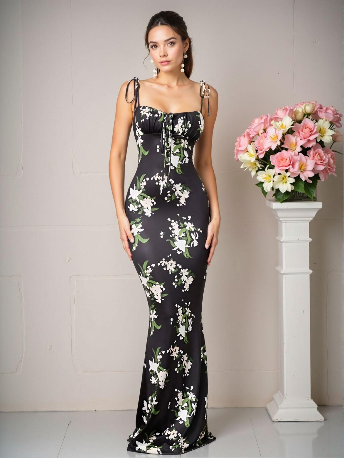 Elegant Black and White Floral Cami Dress with Lace Up Design Perfect for Spring and Summer - Chic, Classy and Trendy Fashion Style to Dress to Impress - Image 3