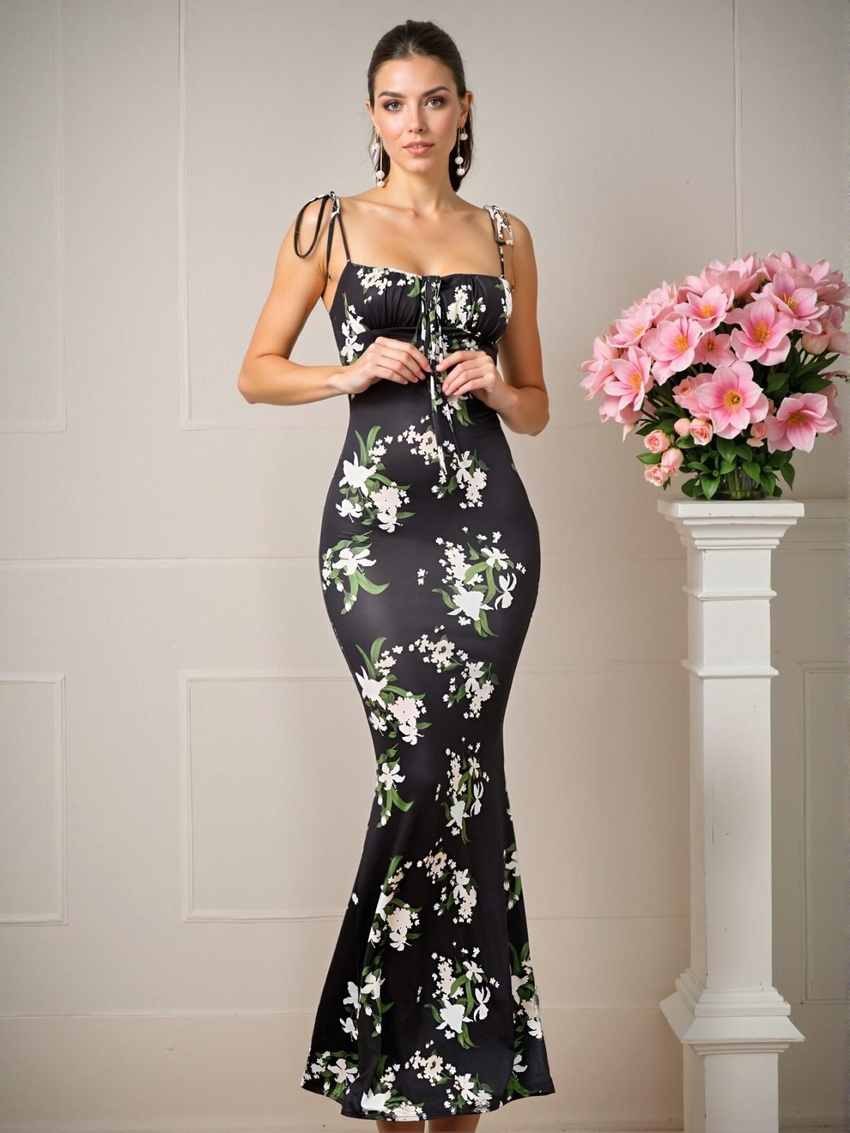 Elegant Black and White Floral Cami Dress with Lace Up Design Perfect for Spring and Summer - Chic, Classy and Trendy Fashion Style to Dress to Impress - Image 4
