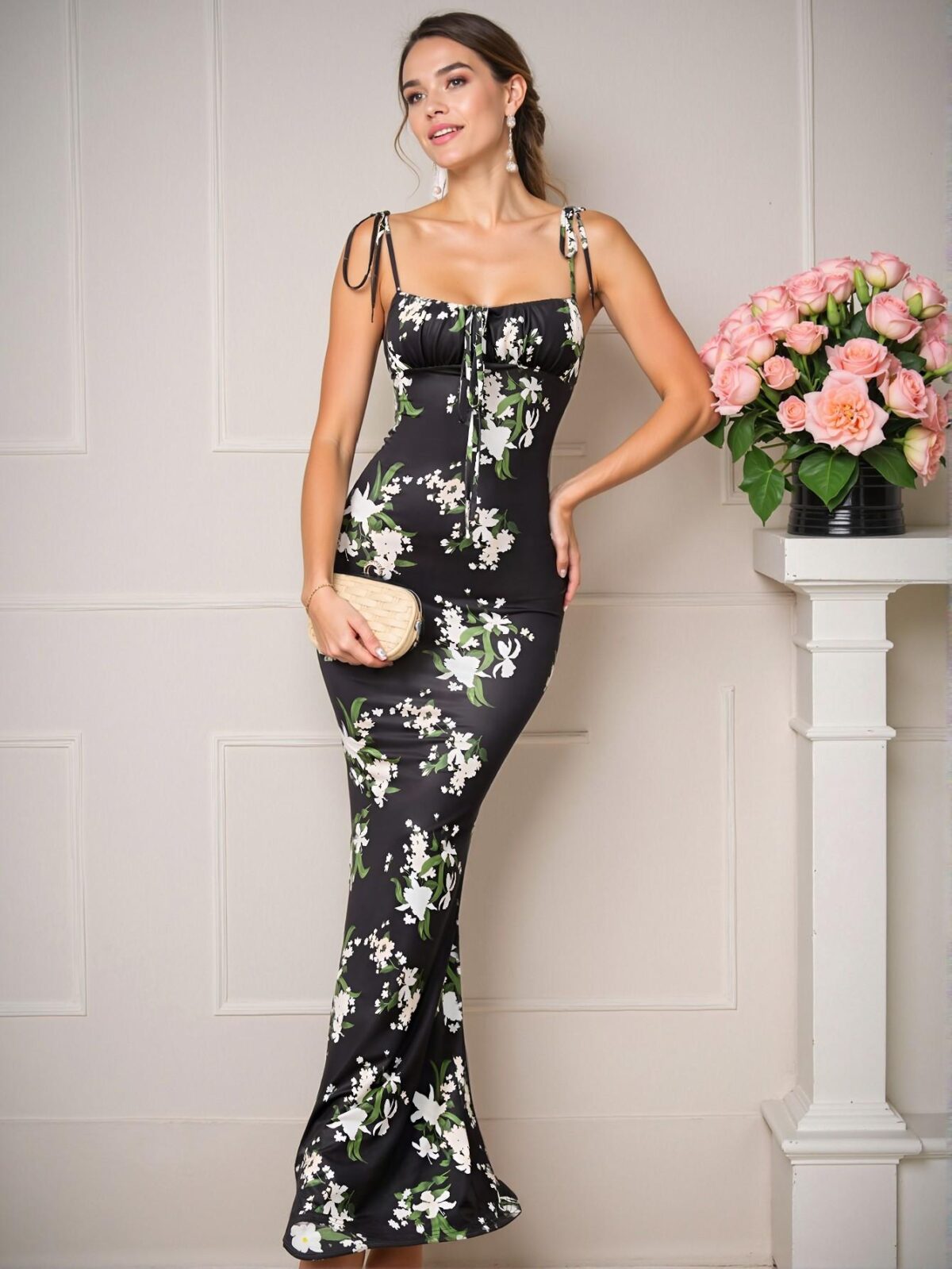 Elegant Black and White Floral Cami Dress with Lace Up Design Perfect for Spring and Summer - Chic, Classy and Trendy Fashion Style to Dress to Impress - Image 5
