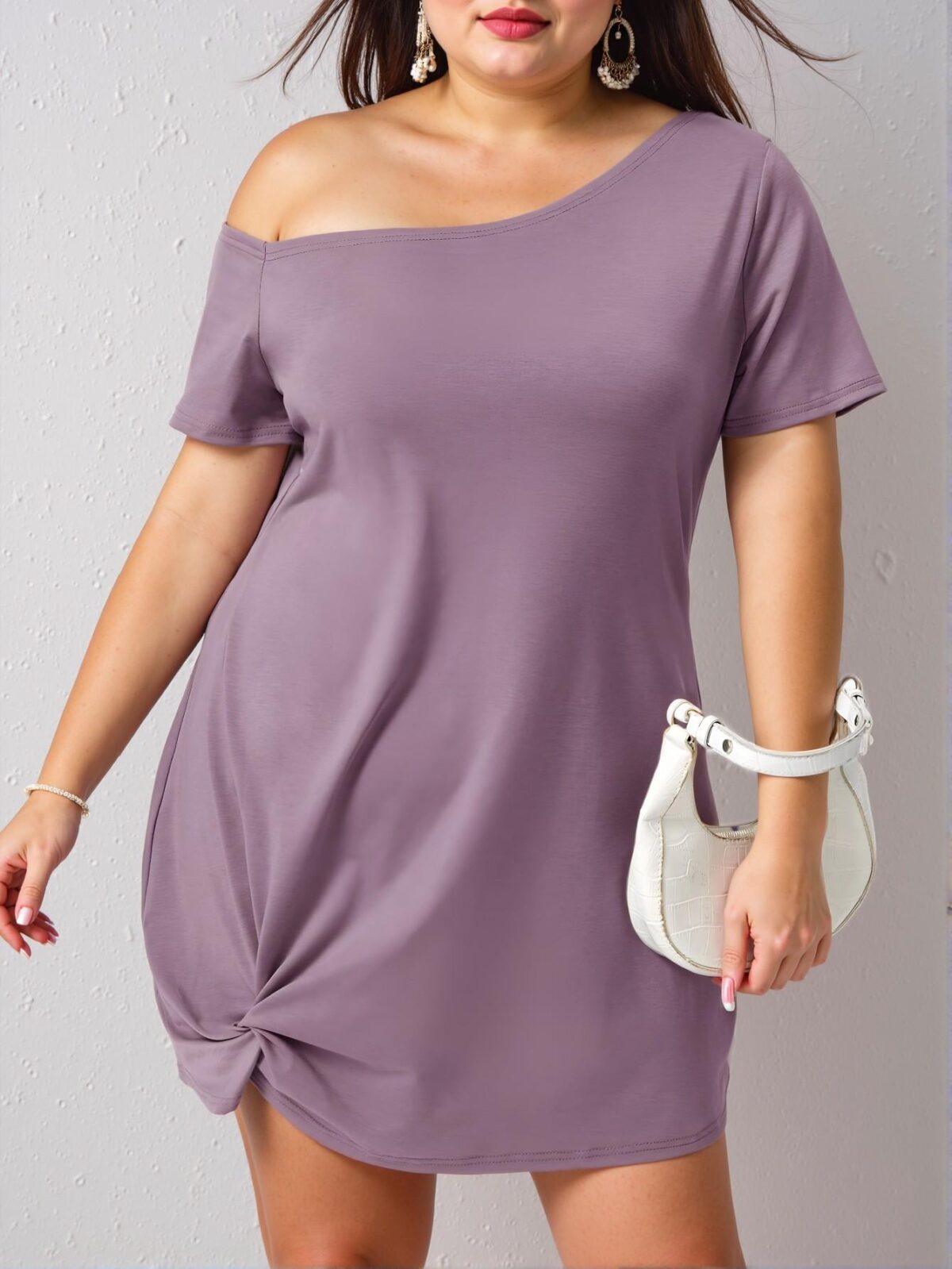 Elegant Mauve Purple Asymmetrical Neck Twist Hem Off Shoulder Plus Size Dress - Chic, Classy and Trendy Fashion Style to Dress to Impress