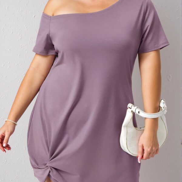 Elegant Mauve Purple Asymmetrical Neck Twist Hem Off Shoulder Plus Size Dress - Chic, Classy and Trendy Fashion Style to Dress to Impress
