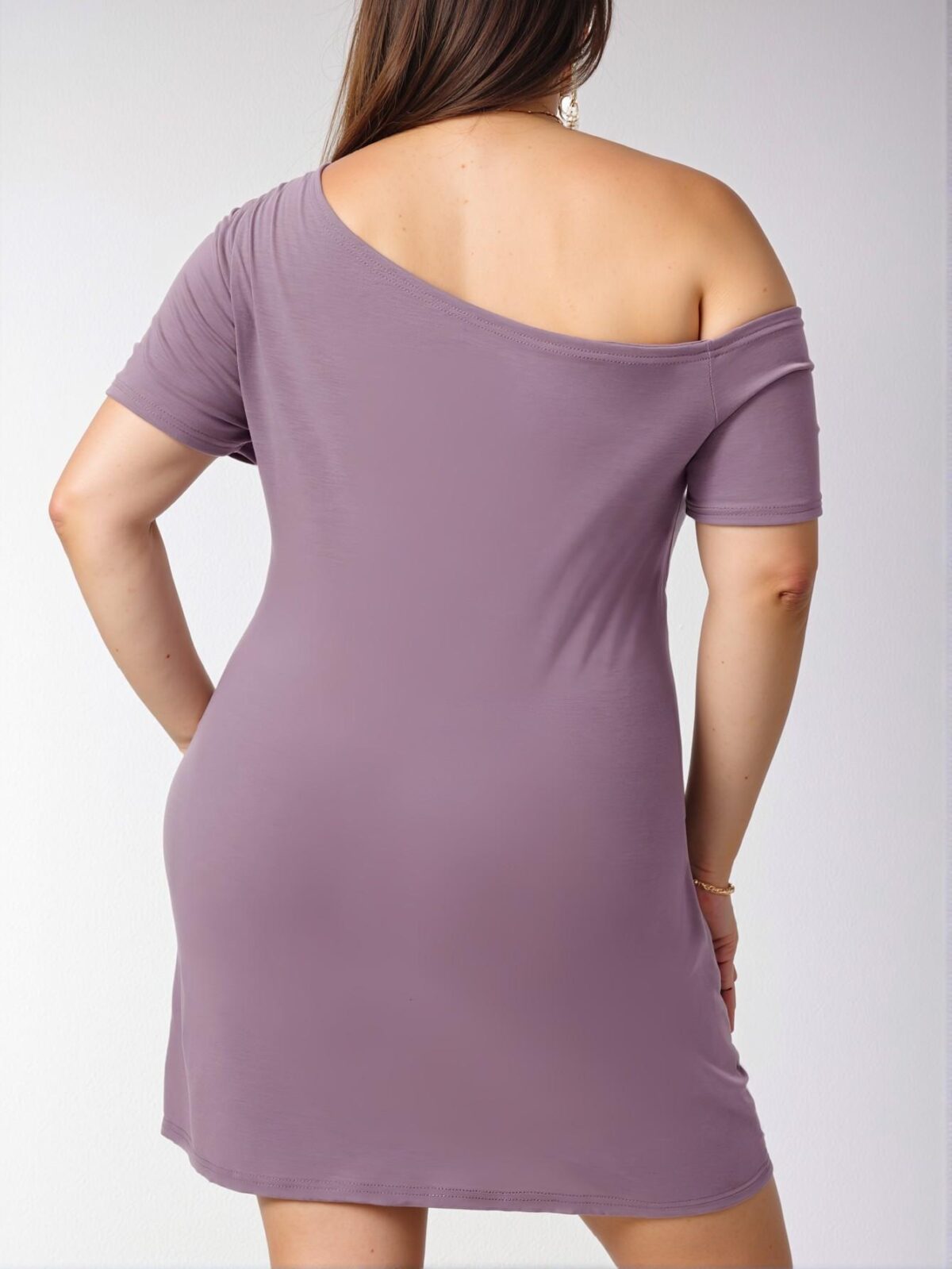 Elegant Mauve Purple Asymmetrical Neck Twist Hem Off Shoulder Plus Size Dress - Chic, Classy and Trendy Fashion Style to Dress to Impress - Image 2