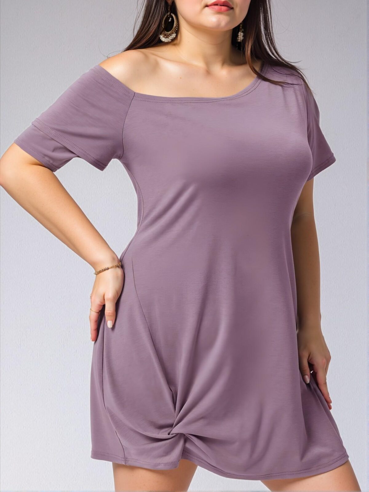 Elegant Mauve Purple Asymmetrical Neck Twist Hem Off Shoulder Plus Size Dress - Chic, Classy and Trendy Fashion Style to Dress to Impress - Image 3