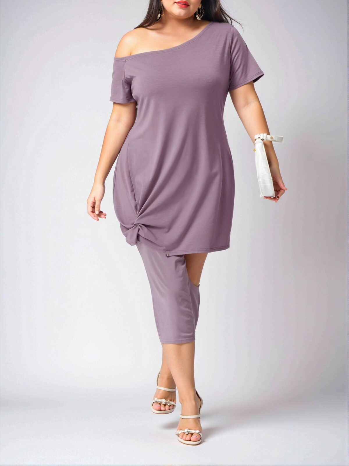Elegant Mauve Purple Asymmetrical Neck Twist Hem Off Shoulder Plus Size Dress - Chic, Classy and Trendy Fashion Style to Dress to Impress - Image 4