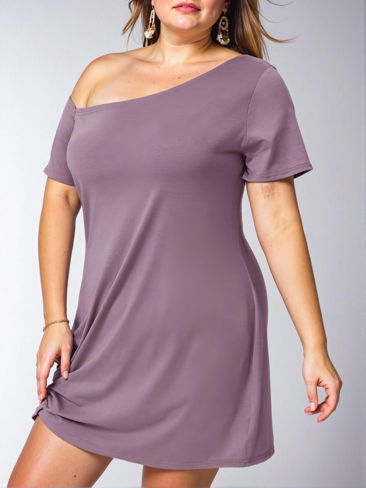 Elegant Mauve Purple Asymmetrical Neck Twist Hem Off Shoulder Plus Size Dress - Chic, Classy and Trendy Fashion Style to Dress to Impress - Image 5