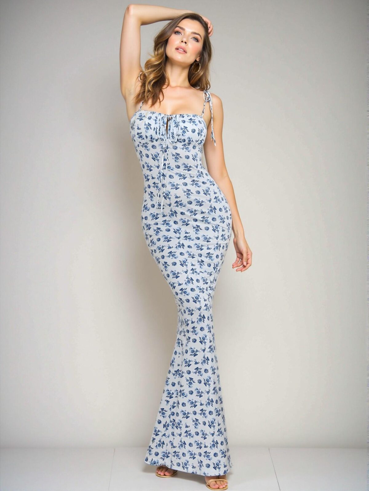 Elegant Blue and White Floral Print Cami Maxi Dress with Fishtail Hem for Spring and Summer: Chic, Classy and Trendy Fashion Style to Dress to Impress