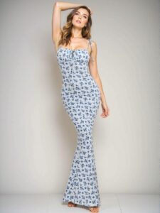 Elegant Blue and White Floral Print Cami Maxi Dress with Fishtail Hem for Spring and Summer: Chic, Classy and Trendy Fashion Style to Dress to Impress