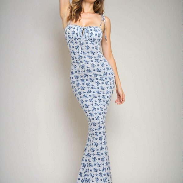 Elegant Blue and White Floral Print Cami Maxi Dress with Fishtail Hem for Spring and Summer: Chic, Classy and Trendy Fashion Style to Dress to Impress