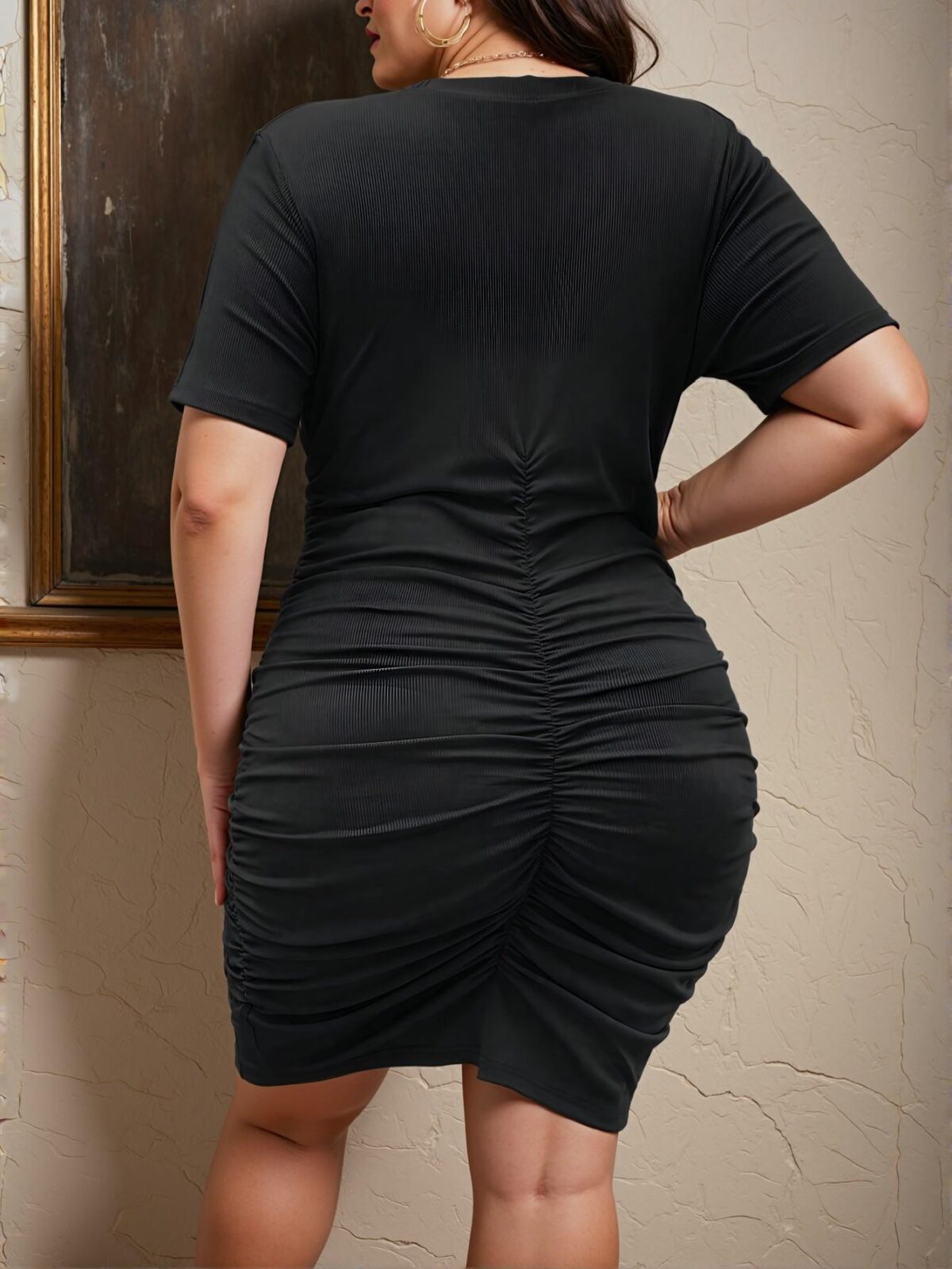 Elegant Black Front-Button Ruched Bodycon Dress for a Chic, Classy and Trendy Fashion Style to Dress to Impress - Image 2