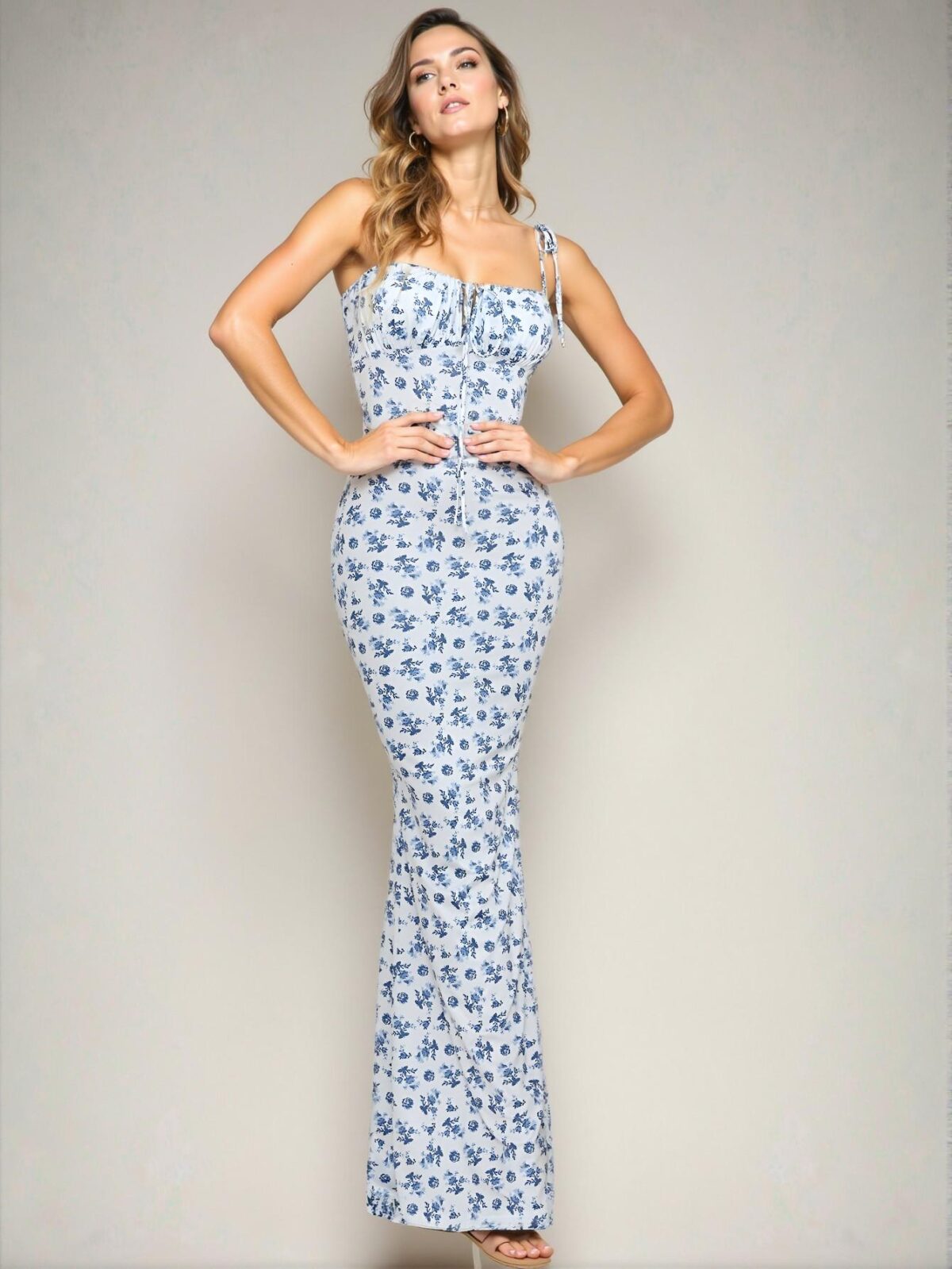 Elegant Blue and White Floral Print Cami Maxi Dress with Fishtail Hem for Spring and Summer: Chic, Classy and Trendy Fashion Style to Dress to Impress - Image 3