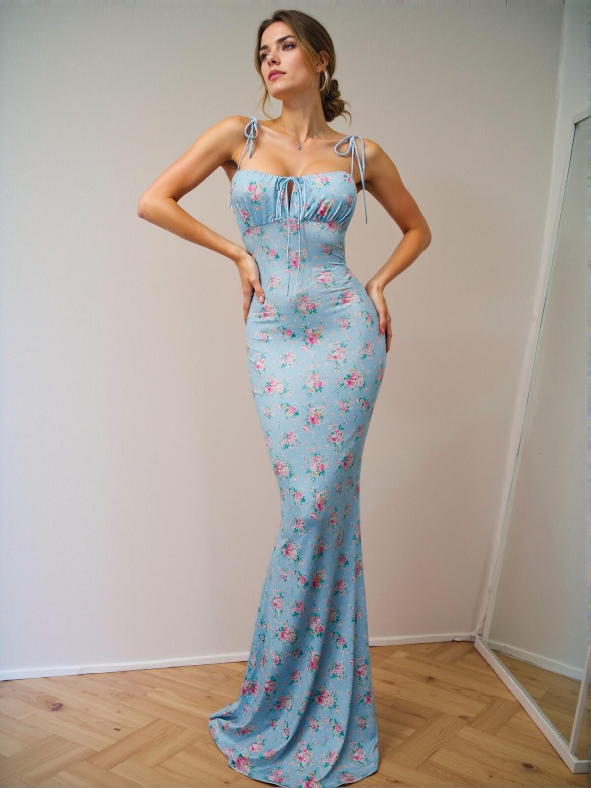 Elegant Blue Floral Print Tie Shoulder Mermaid Hem Maxi Dress for Spring and Summer - Chic, Classy and Trendy Fashion Style to Dress to Impress