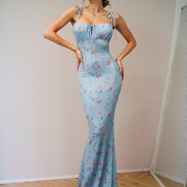 Elegant Blue Floral Print Tie Shoulder Mermaid Hem Maxi Dress for Spring and Summer - Chic, Classy and Trendy Fashion Style to Dress to Impress