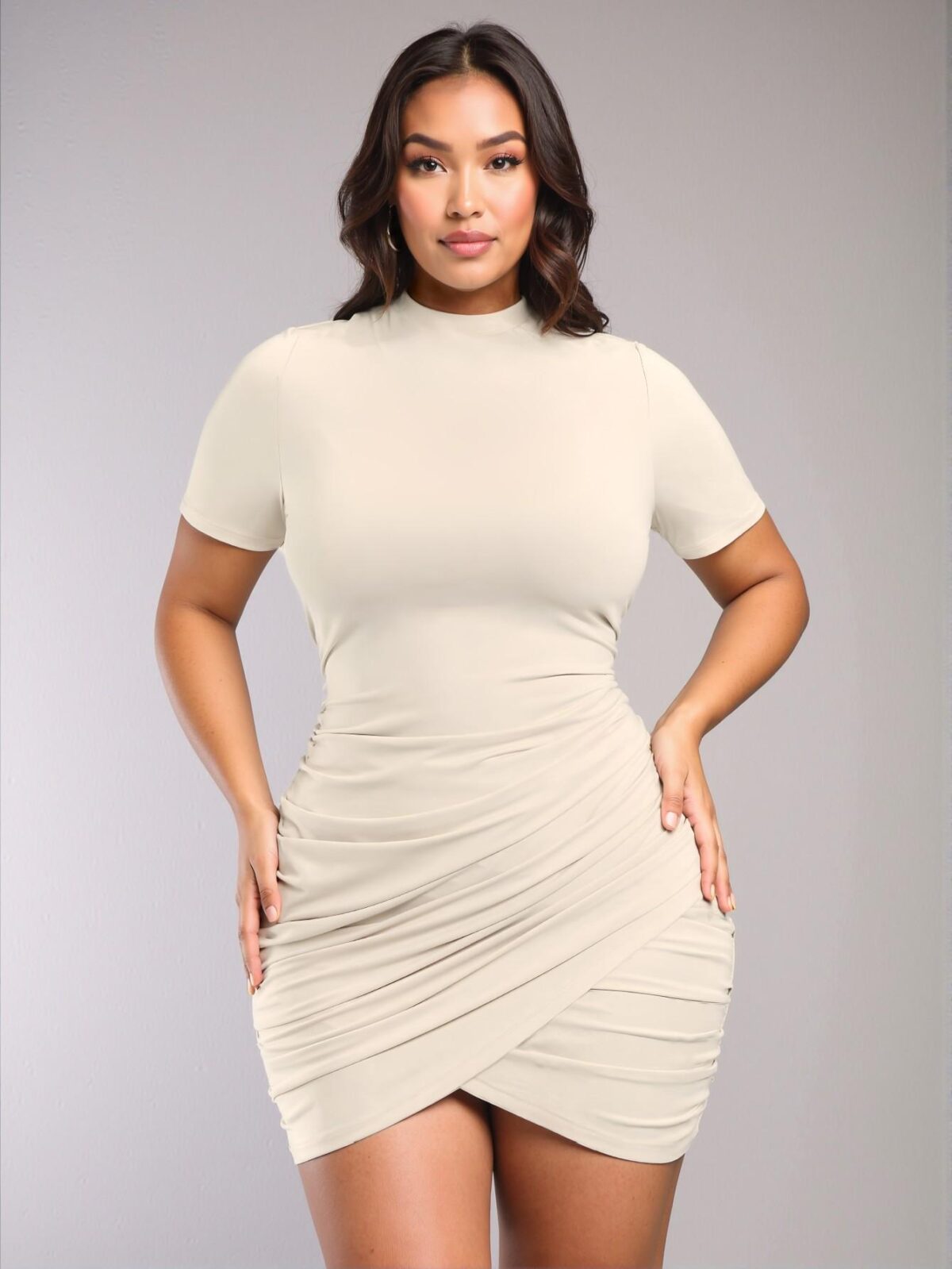 Elegant Beige Asymmetrical Bodycon Mini Dress with Short Sleeves for a Stylish Celebration Chic, Classy and Trendy Fashion Style to Dress to Impress - Image 4