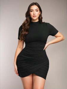 Elegant Black Bodycon Mini Dress with Wrap Detail and Short Sleeves – Chic, Classy and Trendy Fashion Style to Dress to Impress