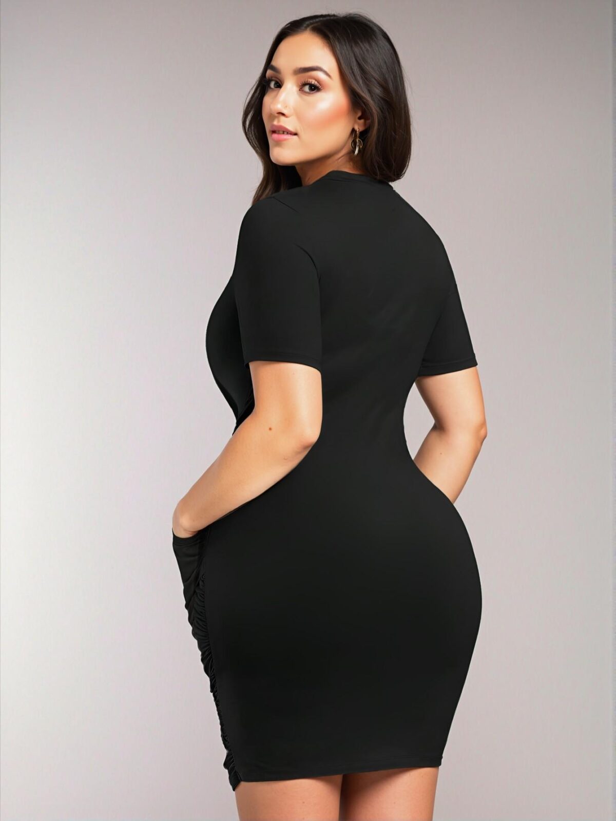 Elegant Black Bodycon Mini Dress with Wrap Detail and Short Sleeves – Chic, Classy and Trendy Fashion Style to Dress to Impress - Image 3