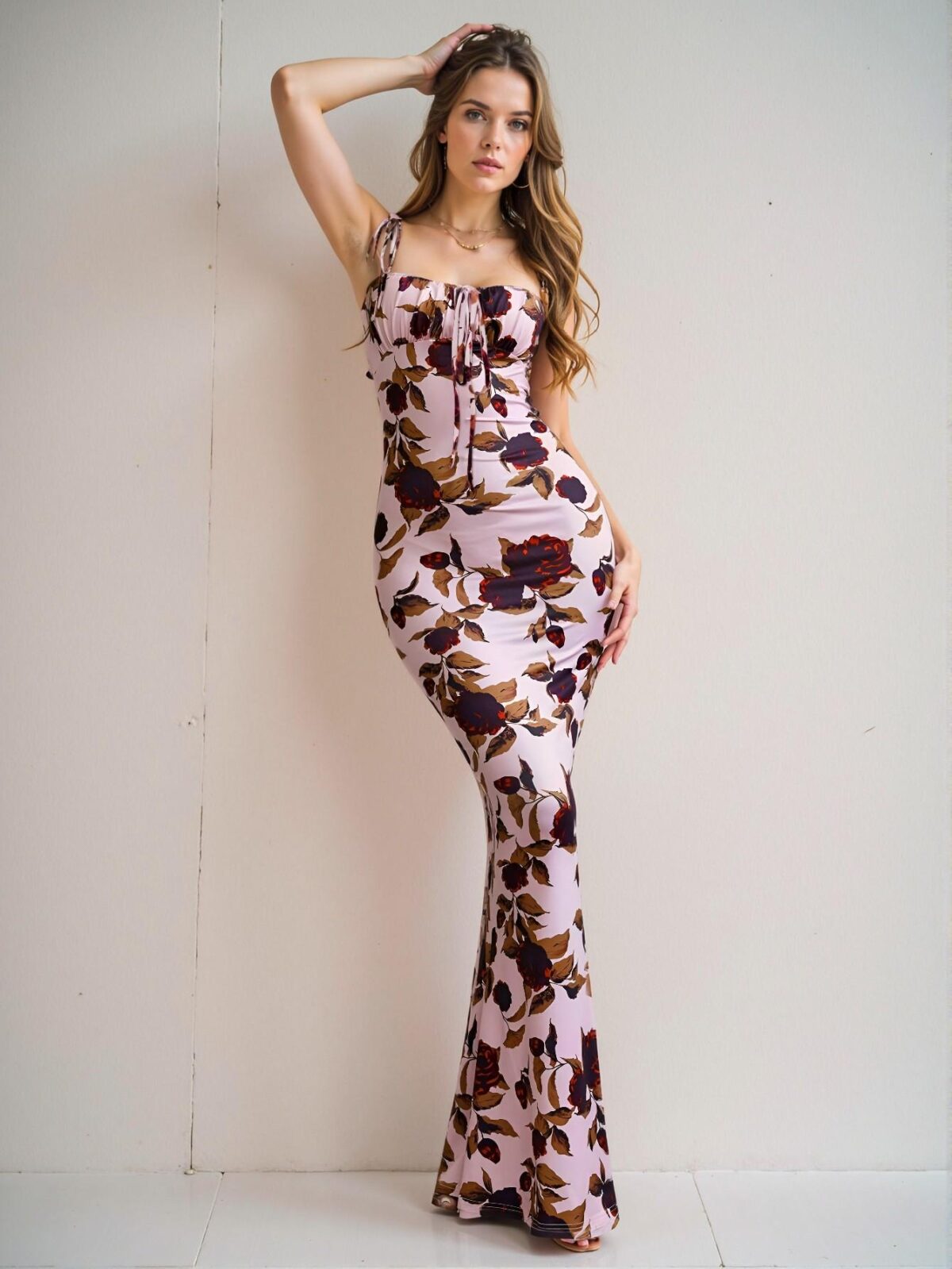 Elegant Baby Pink Floral Print Tie Shoulder Mermaid Hem Maxi Dress for Spring and Summer – Chic, Classy and Trendy Fashion Style to Dress to Impress