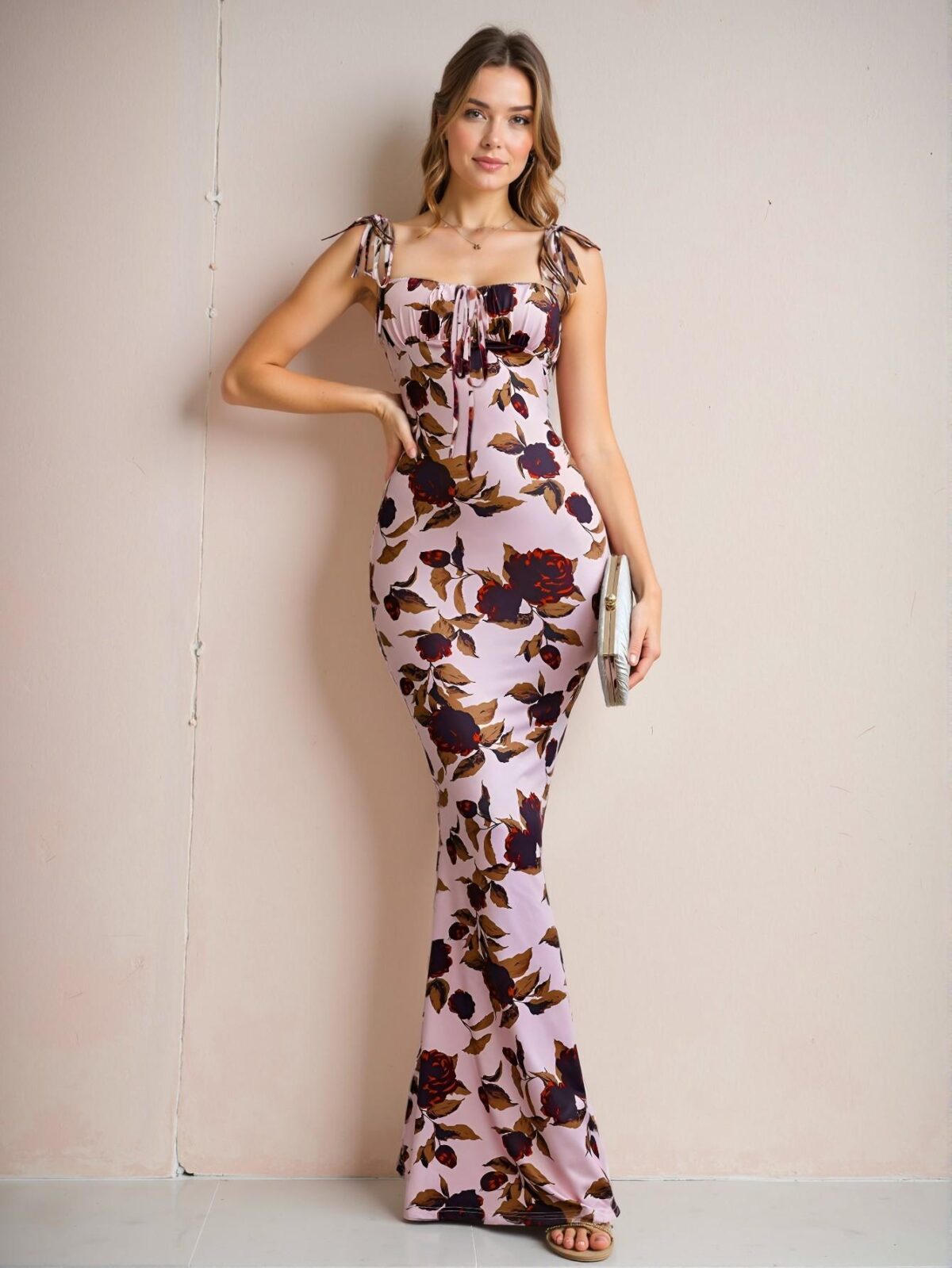 Elegant Baby Pink Floral Print Tie Shoulder Mermaid Hem Maxi Dress for Spring and Summer – Chic, Classy and Trendy Fashion Style to Dress to Impress - Image 4