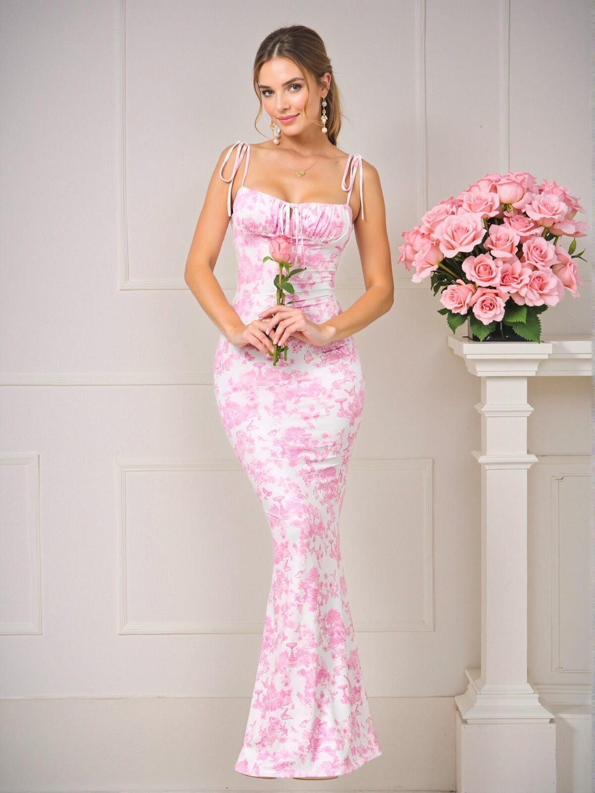 Elegant Baby Pink Floral Lace Up Maxi Dress for Spring and Summer - Chic, Classy, and Trendy Fashion Style to Dress to Impress - Image 4