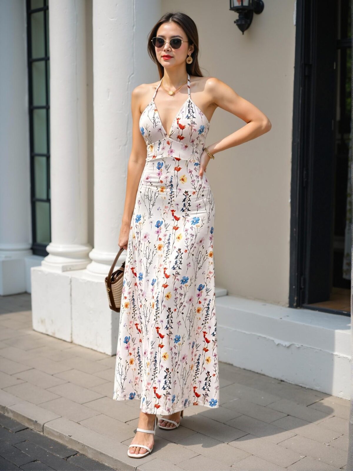 Elegant Apricot Floral Print Backless Halter Dress, Ideal for Spring and Summer Getaways - Chic, Classy and Trendy Fashion Style to Dress to Impress - Image 3