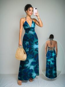 Elegant Dark Green Floral Halter Backless Vacation Dress for Spring and Summer - Chic, Classy and Trendy Fashion Style to Dress to Impress