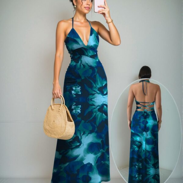 Elegant Dark Green Floral Halter Backless Vacation Dress for Spring and Summer - Chic, Classy and Trendy Fashion Style to Dress to Impress