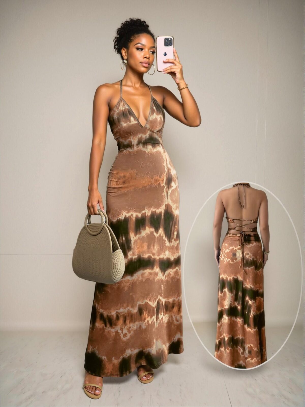 Elegant Rust Brown Stylish Tie-Dye Halter Backless Dress for Warm Seasons - Chic, Classy and Trendy Fashion Style to Dress to Impress
