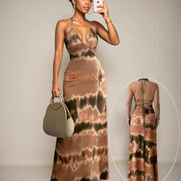 Elegant Rust Brown Stylish Tie-Dye Halter Backless Dress for Warm Seasons - Chic, Classy and Trendy Fashion Style to Dress to Impress