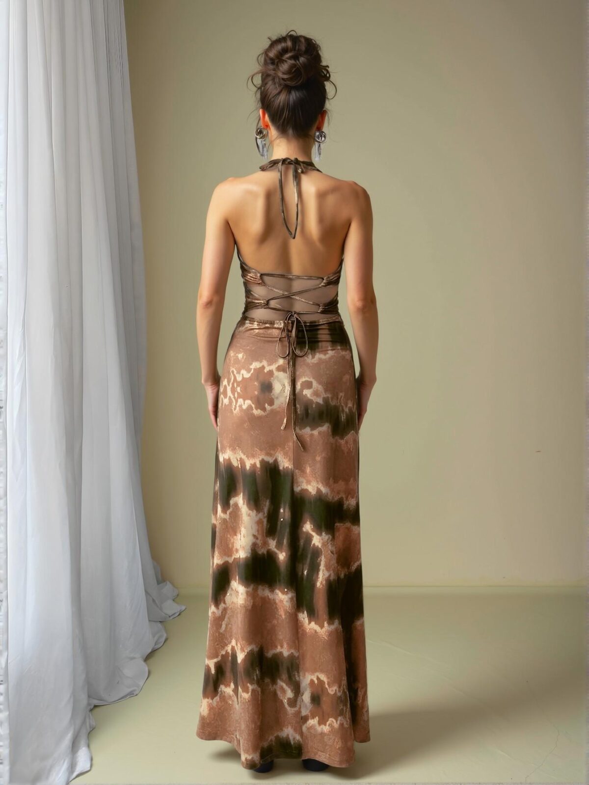 Elegant Rust Brown Stylish Tie-Dye Halter Backless Dress for Warm Seasons - Chic, Classy and Trendy Fashion Style to Dress to Impress - Image 2